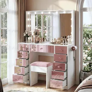 41.7" Pink Vanity Desk with Mirror and Lights and Storage Stool, Modern Dressing Table Set with 11 Pink Finish Drawers and Visual Glass Top and Charge Station for Bedroom or Dressing Room