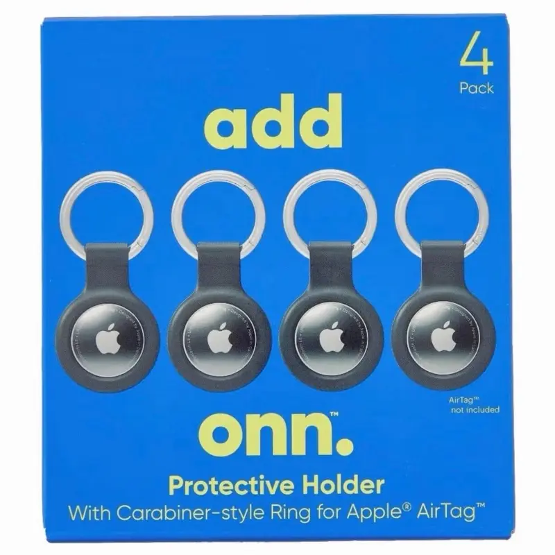 Onn Protective Holder with Carabiner Style Ring for Apple AirTag Silicone Black 4 Pack
