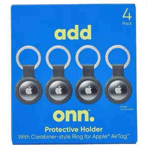 Onn Protective Holder with Carabiner Style Ring for Apple AirTag Silicone Black 4 Pack