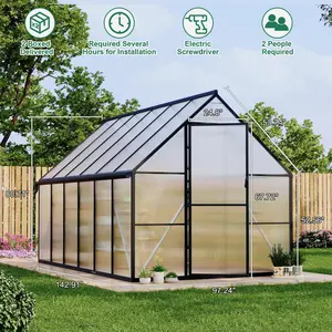 GAOMON 8x12 FT Polycarbonate Greenhouse with Aluminum Frame, Heavy Duty Green House for Outdoors, Quick Setup Structure and Roof Vent Large Backyard Greenhouse for Outside (Black)