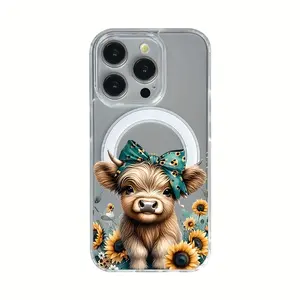 Trendy Highland Cow & Sunflower Pattern Clear Acrylic Magnetic Phone Cover for iPhone 17 16 Pro Max 15 14 Plus 13 12 11 Pro Strong Drop Protection Hybrid Design Unisex Fashion Accessory