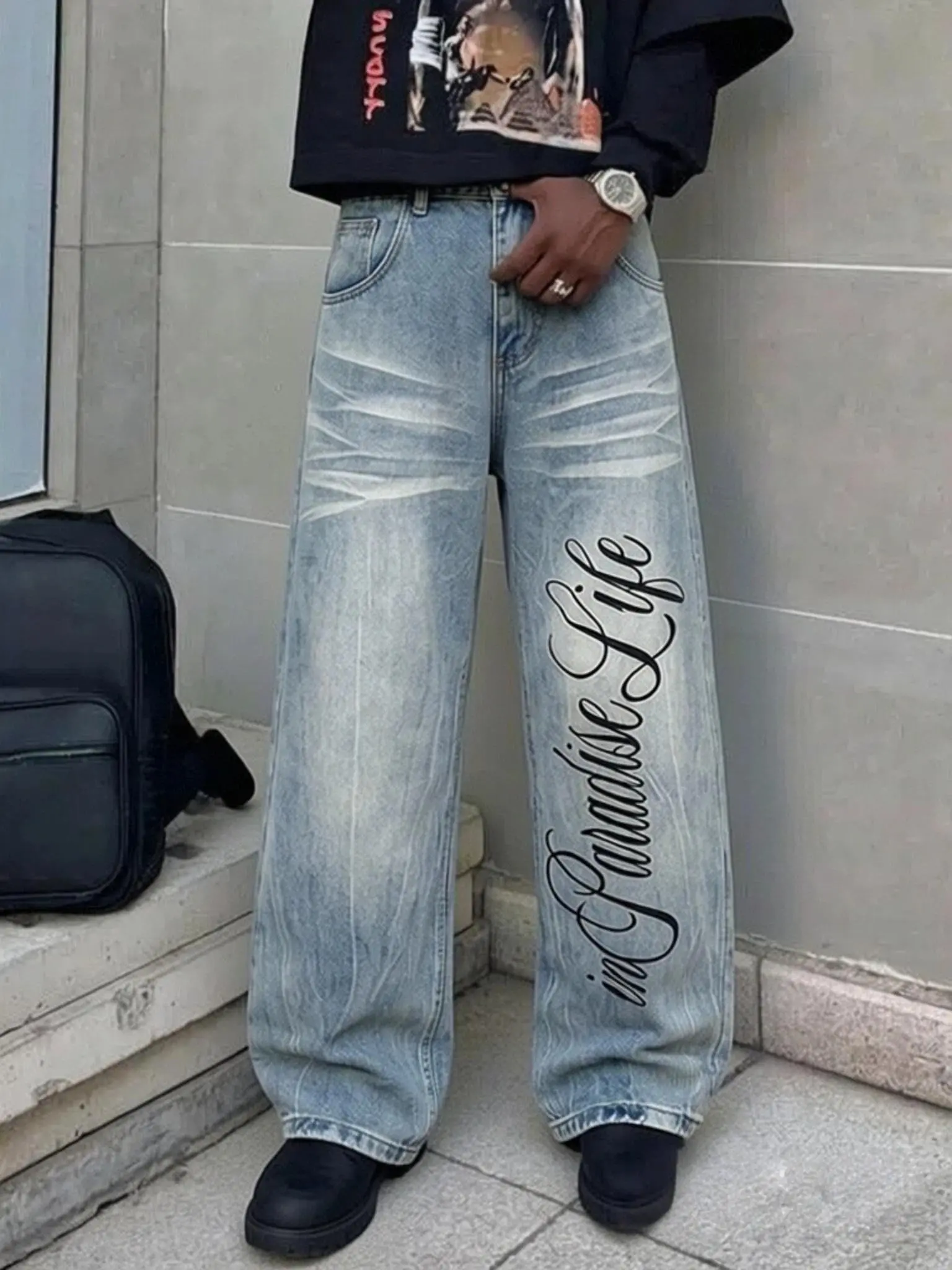 Men's High Cotton Vintage Washed Wide Leg Jeans, Large Cursive Paradise in Life Letter Print Distressed Baggy Denim Pants, Y2K Hip Hop Streetwear Loose Fit Casual Everyday Denim Trousers for Men