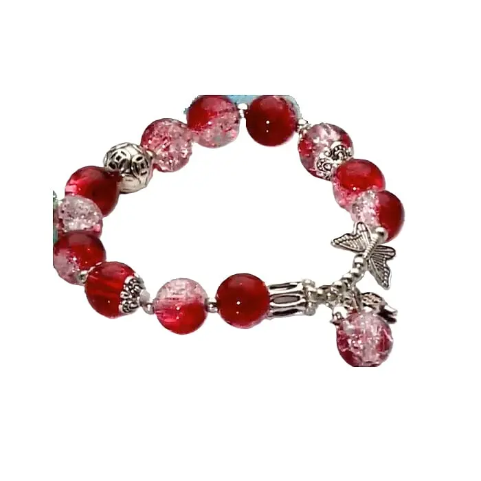 Red Glass Beaded Stretch Bracelet with Butterfly and Elephant Charm in Silvertone