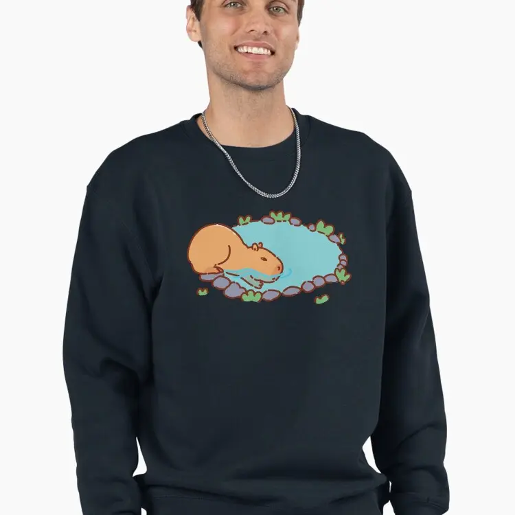 Capybara swimming in a lake with an orange Pullover Sweatshirt Comfy Trendy Hoodie & Sweatshirt.Cuddly Hoodie- Soft & Warm Fall Sweater - Adorable Everyday Look