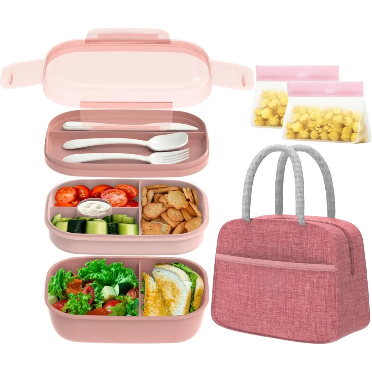 Bento Lunch Box Set - 3 Stackable Containers for Adults and Kids，lunch box for women- Includes Lunch Bag, Leak-Proof and BPA-Free - Built-in Utensil Set - Dishwasher Safe (Pink)