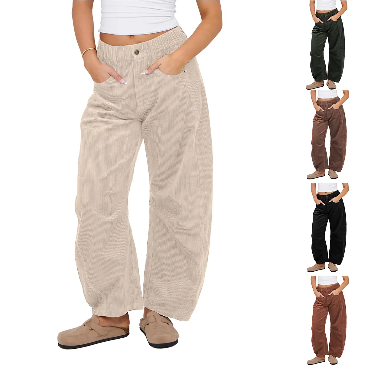 JovenPara Women's Basic Mid-Waist Corduroy Barrel Jeans - 70% Cotton & 30% Polyester Elastic-Waist Wide-Leg Cropped Ankle Bottoms with Pockets, Button Closure, Tapered Relaxed Fit, Vintage Textured Woven Fabric, Casual Fashion Bottoms (Flat Dry)