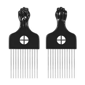 2 Packs Metal Afro Hair Pick Comb | Wide Tooth Scalp-Safe Detangling Tool with Plastic Fist-shaped Handle for Women & Men Curly/Afro Hairstyles