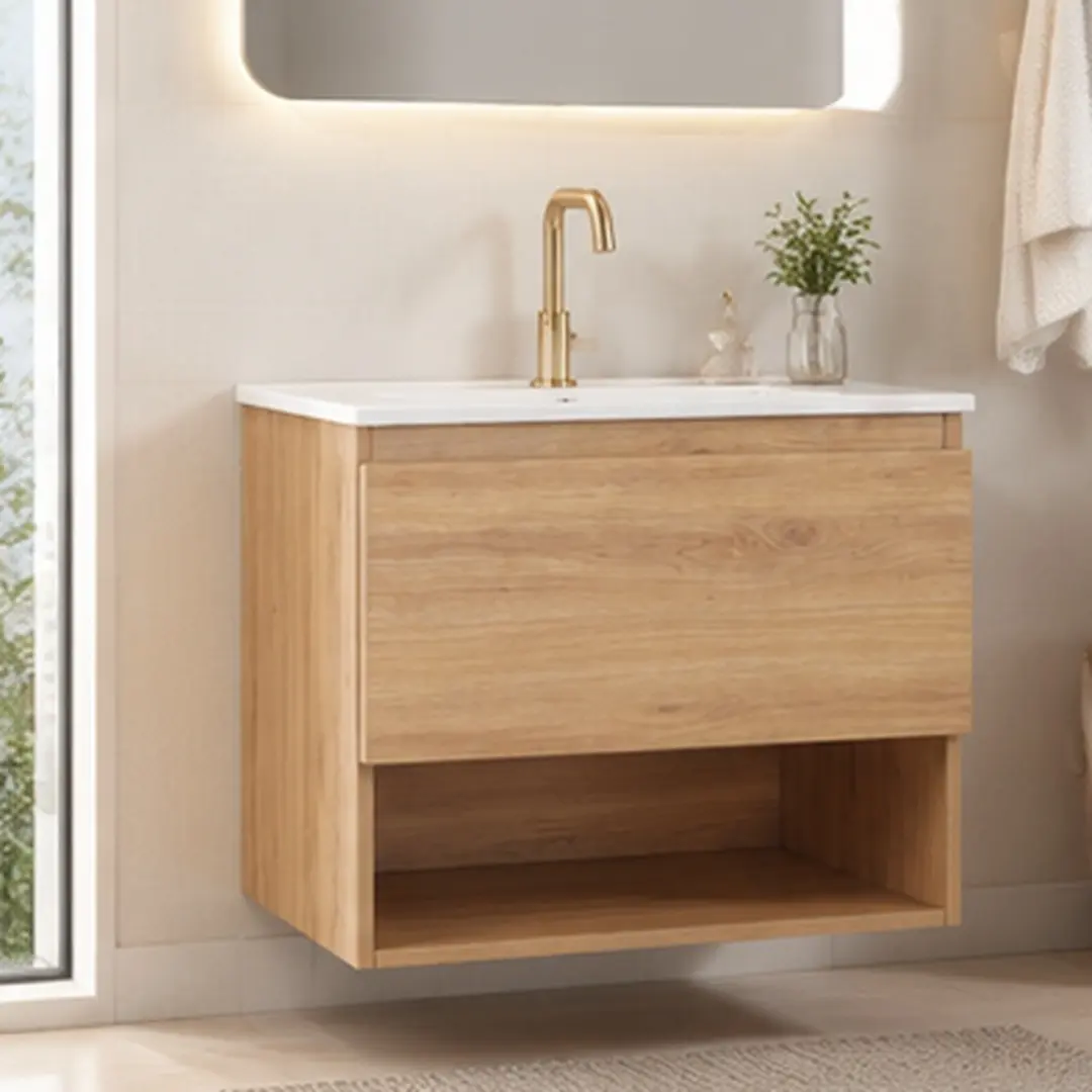 24/30 Inch Bathroom Vanity Cabinet Wall Mounted Floating Storage Cabinet with Large Drawers MDF Oak/Natural Walnut Finish Modern Bathroom Furniture for Bathroom Organization and Space Saving, Natural Walnut/Oak Color Options, MDF Material
