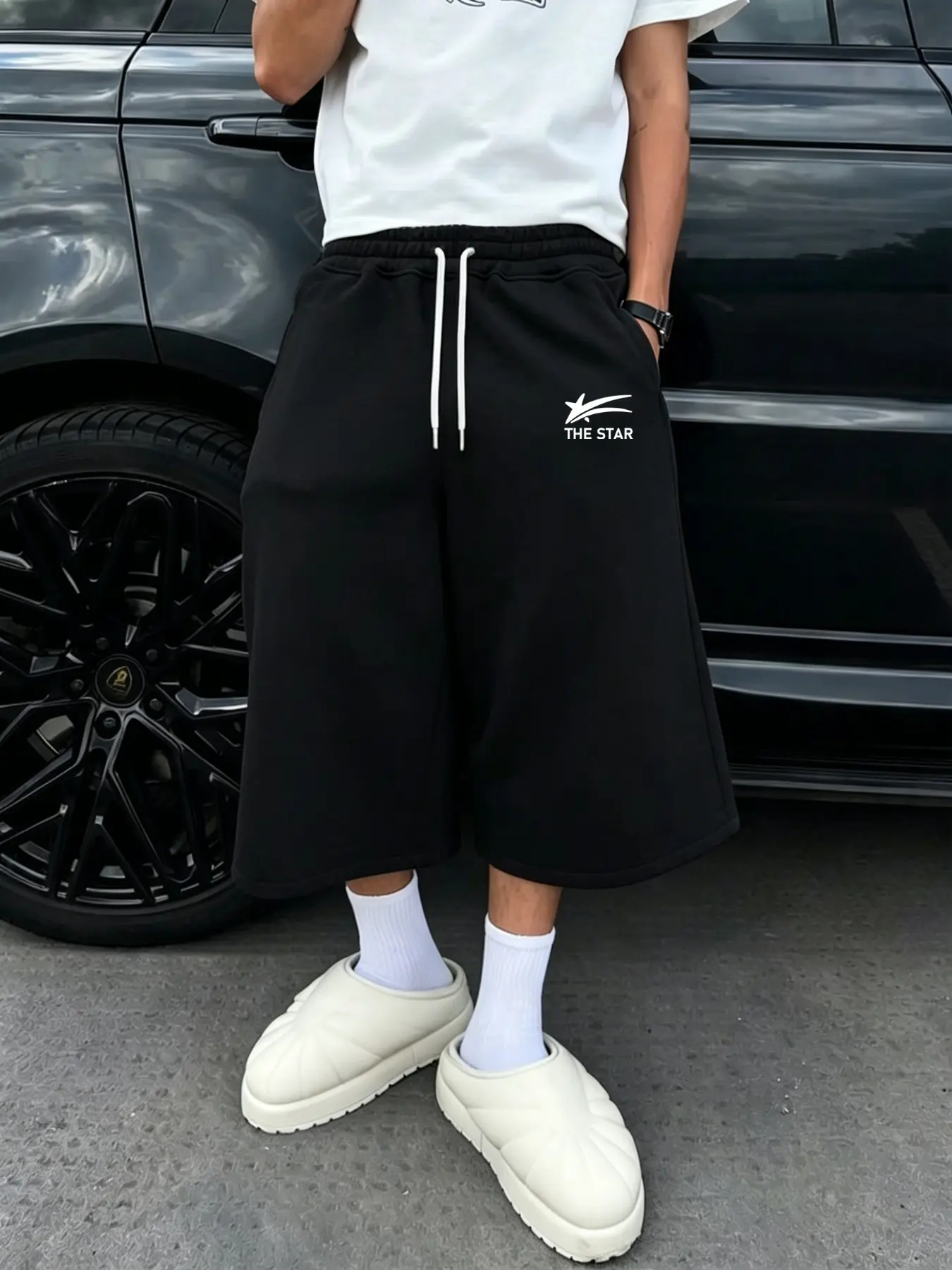 Men's Fashion Street Style Sweatpants, Athletic Casual Pants, Loose-Fit Six-Quarter Length, Comfortable Breathable Fabric, Premium Solid Color for Daily Wear, Breathable Athletic Bottoms, Casual Comfy Sporty
