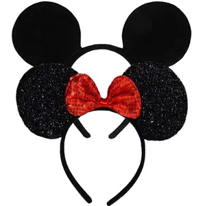 Mouse Ears Headbands Sequin Hair Band for Girls Women Boys Party, 2 Pieces (RED&BLACK)