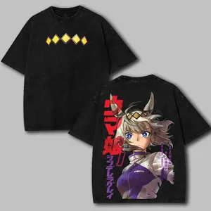 Oguri Cap Uma Musume Cinderella Gray Graphic Tee Double-Sided Print Washed T-Shirt Menswear Casual Men Soft Graphic Tee Cotton Fabric Top Streetwear Graphic Tee Merch Unisex Anime Apparel