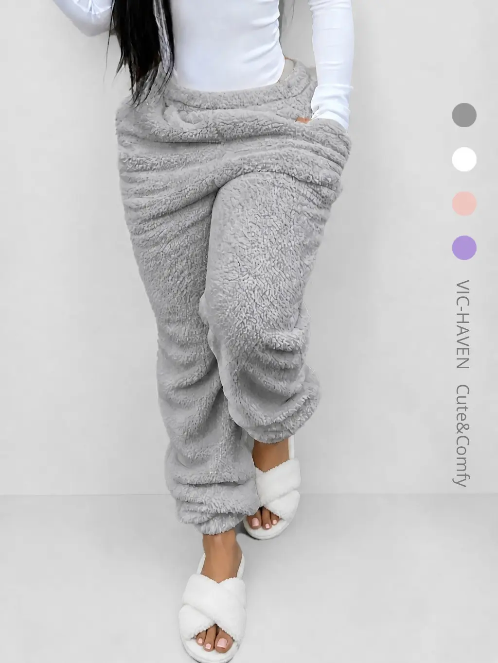 Women's Fuzzy High-Waist Warm Plush Loungewear Jogger Pants with Pockets, Soft Casual Trousers for Fall-Winter Home Daily Wear