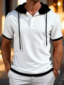 Men's Casual Short Sleeve Hooded Henley Shirt - Textured Waffle Knit & Contrast Color Block Design with button, Breathable Summer Outdoor Sportswear, Casual Workout Tops, Machine Washable Regular Fit, Henley Placket Design, classy men's fashion hoodie.