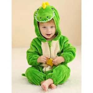 Children's Green T-Rex Bodysuit, Halloween Outfit, Autumn/Winter Flannel Hooded Romper, Perfect for Outdoor