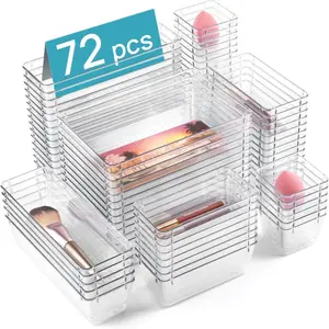 72 Pcs Clear Plastic Drawer Organizers Set with 4-Size Dividers, Non-Slip Silicone Pads for Versatile Storage in 72 Storage Bins