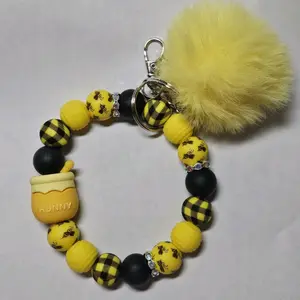 Wristlet Keychains Honey Pot Bees - Yellow and Black Bead Design with Yellow Pom Pom