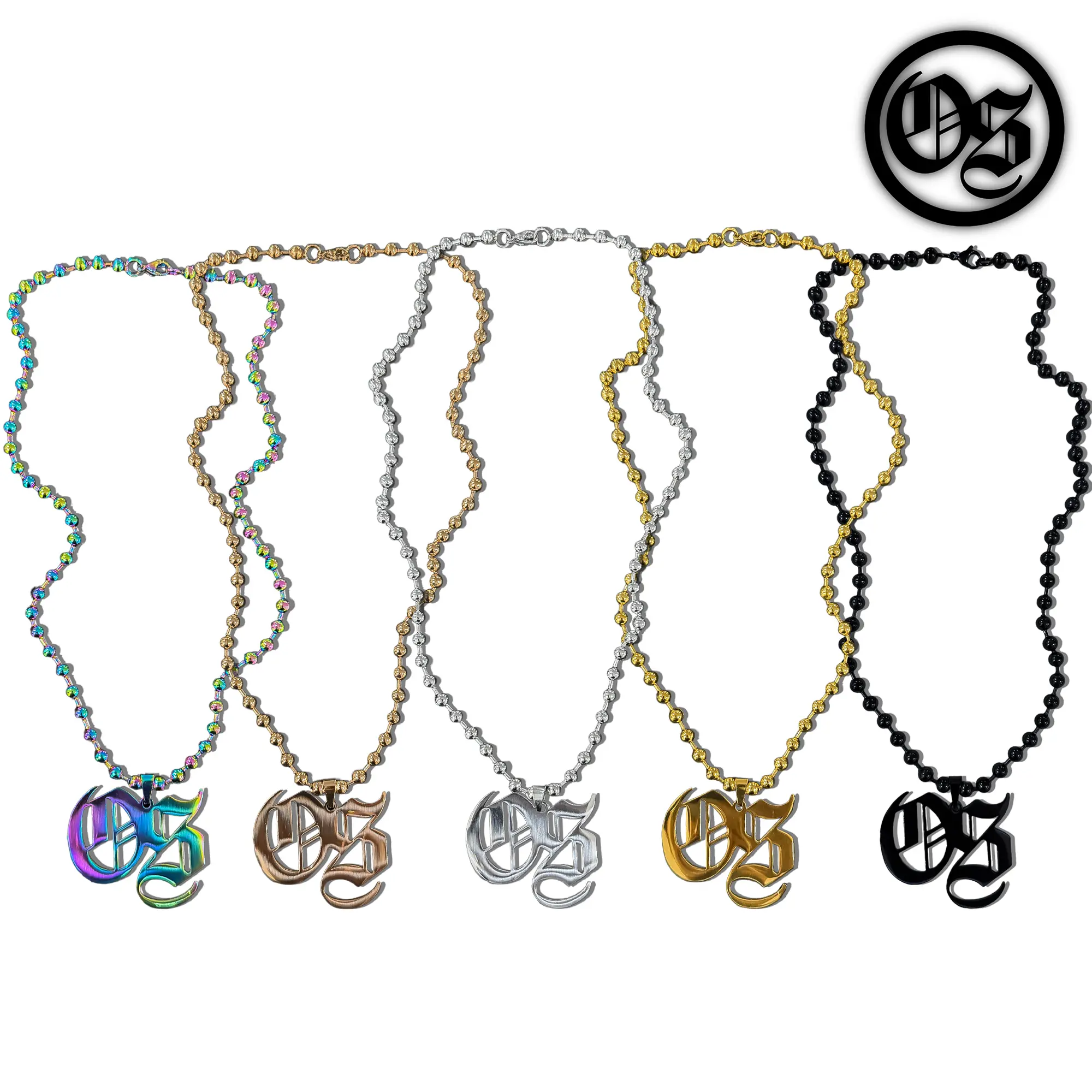 OTHERSIDE OS Logo Ball Chain Necklace - Stainless Steel Jewelry, Polished Metal, Clean Look, Daily Fashion Costume Accessory, Silver, Gold, Black, Rose Gold, Multicolor