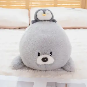 1 Piece Lying Sea Lion Plush Toy Soft Comfortable Stuffed Animal Sleeping Pillow with Small Penguin Doll Perfect for Girls' Home Decor