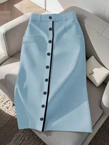 Women's High Waist Colorblock Midi Fitted Skirt, Womenswear Bottoms, Single-Buckle Design, Office Style, Pocket & Split Hem, Casual Workwear Half-Sleeve Dress
