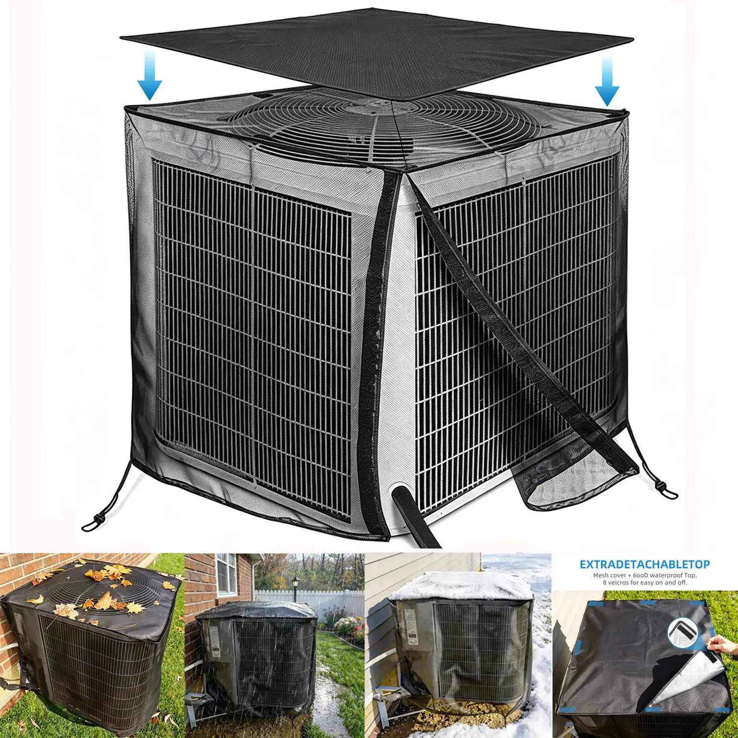 4 Sizes Detachable Top AC Unit Cover, 600D Waterproof Breathable Mesh Outdoor Central Air Conditioner Cover All Season Dustproof Debris Protector