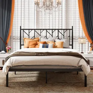 MUTICOR Full/Queen Platform Bed Frame with Vintage Headboard, 14 Inches Metal Bed Base for Storage【Frame Only No Mattress】No Box Spring Needed, Modern#SummerVibes