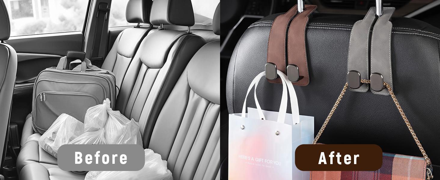 2PCS Car Seat Back Storage Hook, Car Seat Headrest Hook,Car Hooks for Purses and Bags, Purse Holder for Car, Leather Car Seat Back Storage Hook Double Hook Car Seat Hangers Organization Accessories