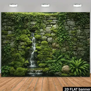 2D Flat Banner, 1pc Courtyard Landscape Waterfall Wall Background Cloth Lush Green Stone Wall Covered with Climbing Plants, Small Bridge And Stream with Waterfall Design, Creating a Tranquil Natural Atmosphere, Suita