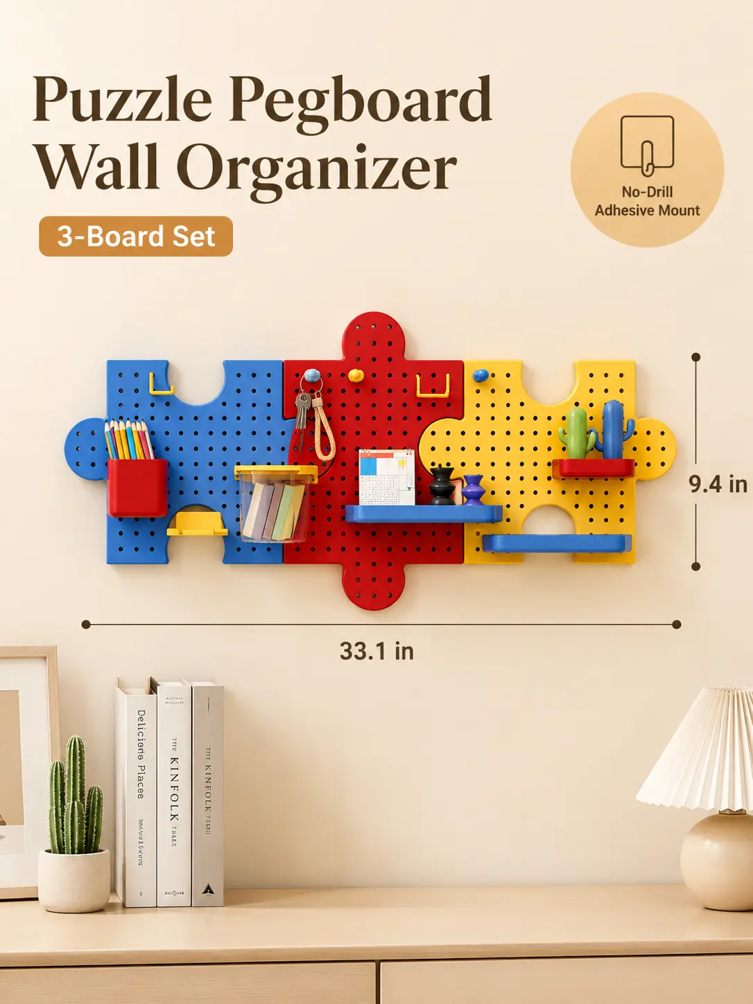 Colorful Puzzle Pegboard Wall Organizer Set, No-Drill Modular Storage Board with Shelves, Hooks and Storage Box for Home Office