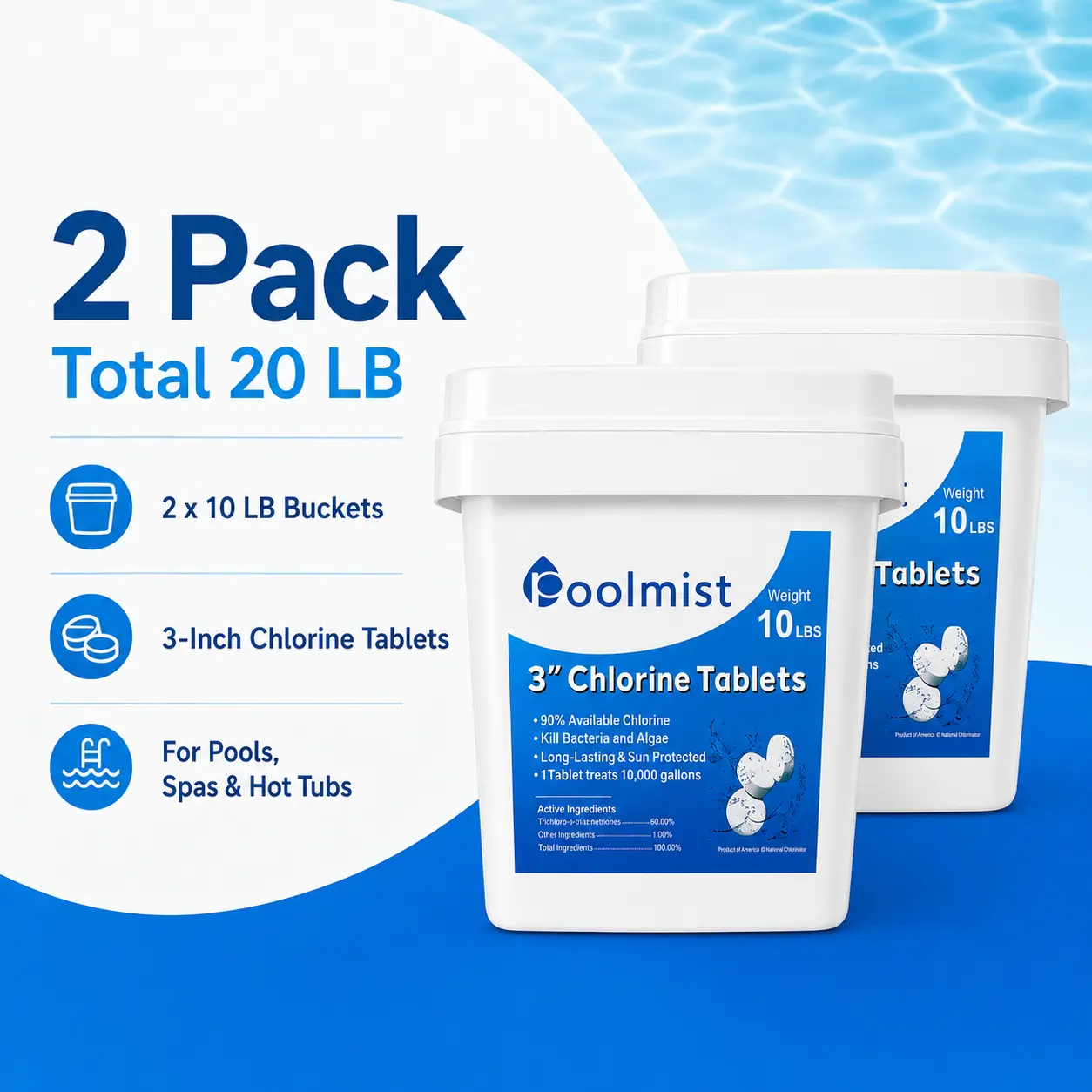 No-Chlorine Chlorine Tablets 2-Pack Pre-Packed Slow-Dissolve Water Refreshing Tabs, 10 lbs/Bucket Pool Water Care Supplies for Swim Owners, High-Efficiency Purification for Continuous Clarity (Total 20 lbs), Pools, 10Lb