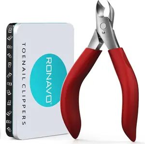 Ergonomic Non-Slip Long Handle Nail Clippers for Seniors | Angled Head Curve Wide Jaw Opening with Catcher | Podiatrist Toenail Clippers for Thick/Fungal Nails | Safe for Hands & Feet | Medical Steel | Gift for Parents (Black/Red) | RONAVO