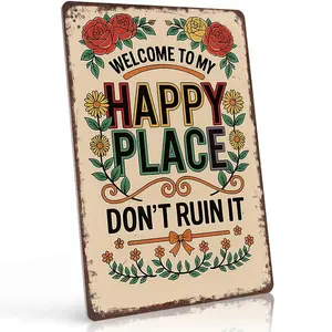 Welcome To My Happy Place Don't Ruin It 12x8 Inch Aluminum Metal Sign - Whimsical Home Decor for Patio, Bedroom, Home Office, Craft Room - Retro Tin Sign Gift for Homeowners, Hobbyists and Self-Care Enthusiasts