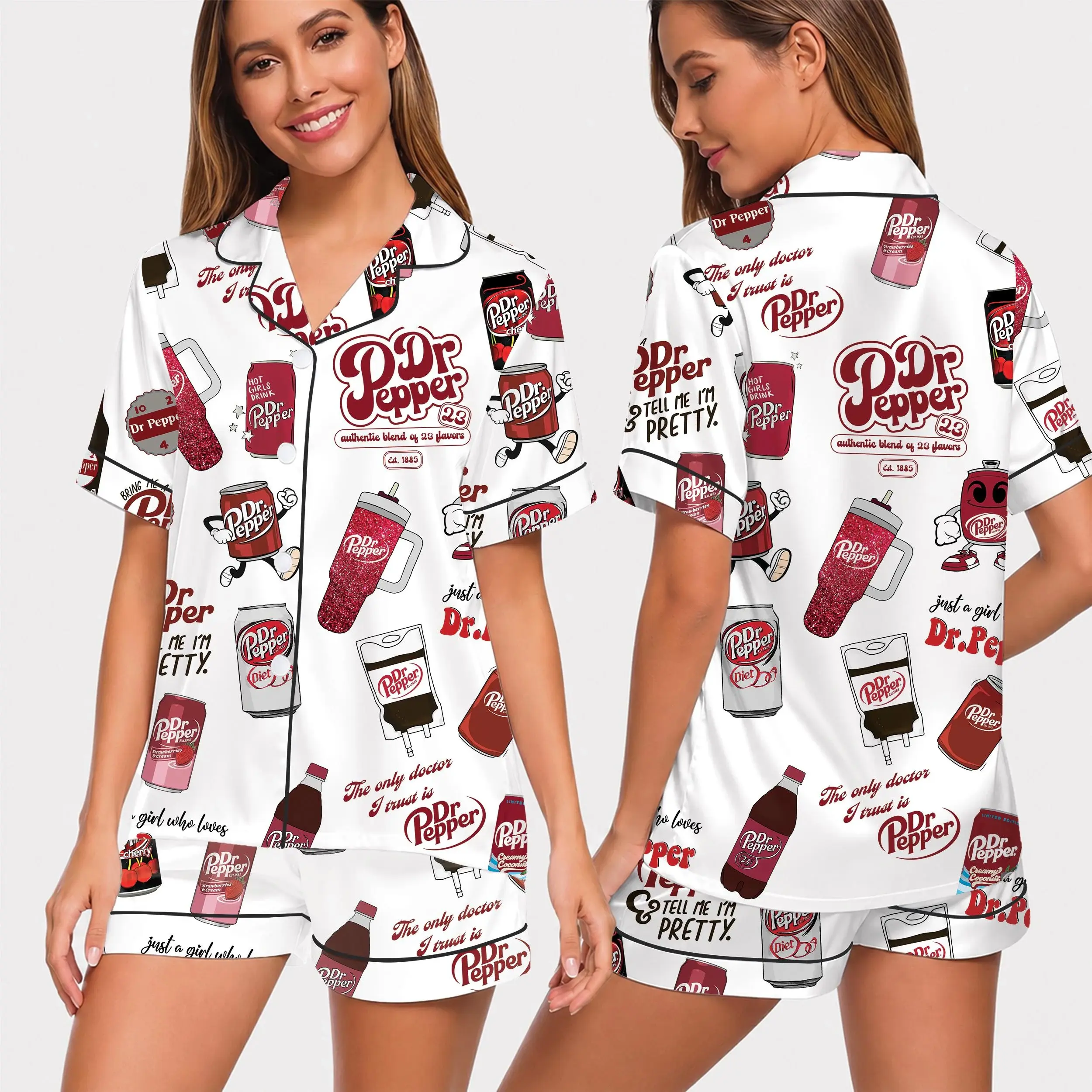 Daily Drink Soda Dr Pepper Print Pajamas - Sleepwear Women Silk Pajamas Set