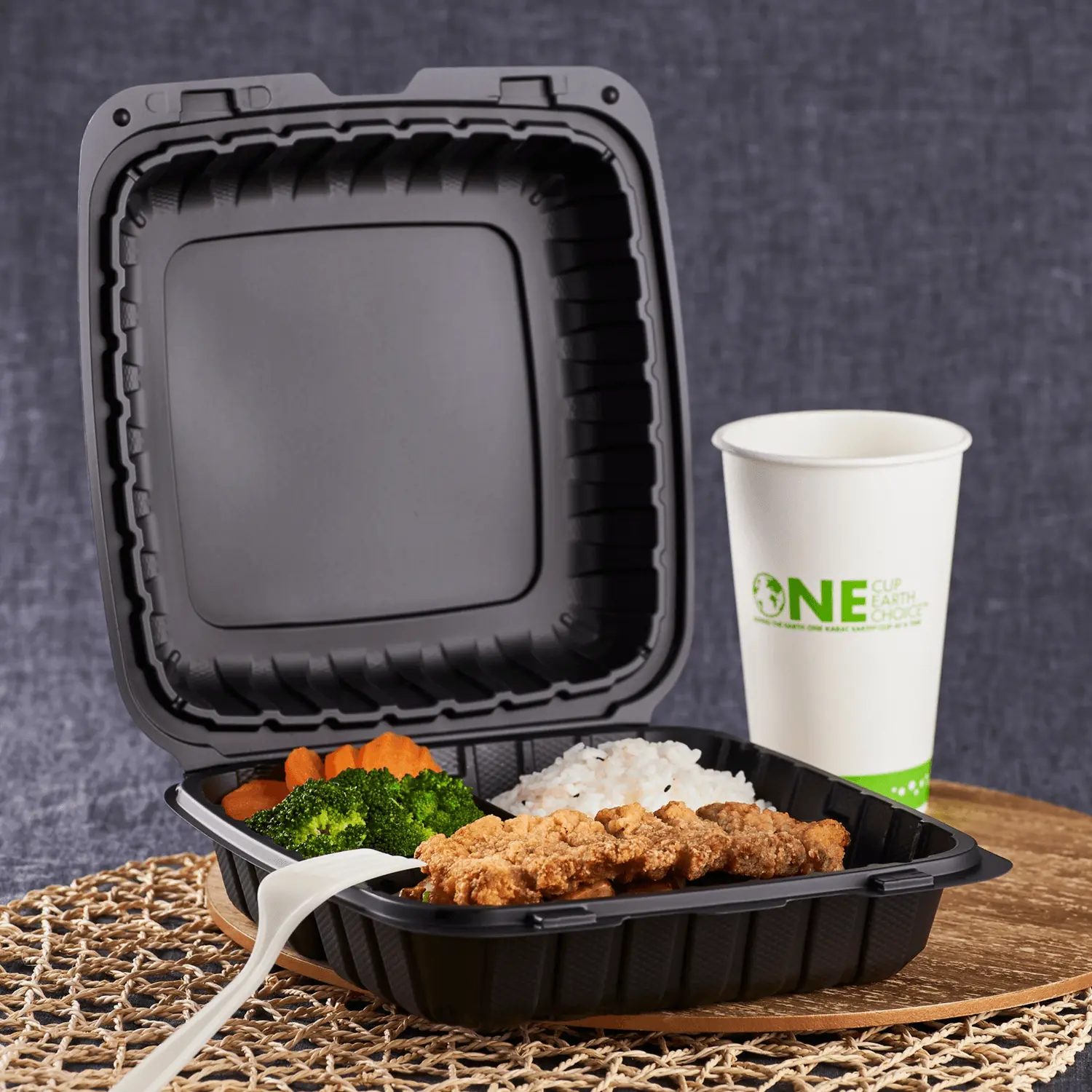 Karat Earth 9" x 9" Mineral Filled PP Hinged Container, Black, 3 compartments - 120 pcs Karat Earth 9" x 9" Mineral Filled PP Hinged Container, Black, 3 compartments - 120 pcs