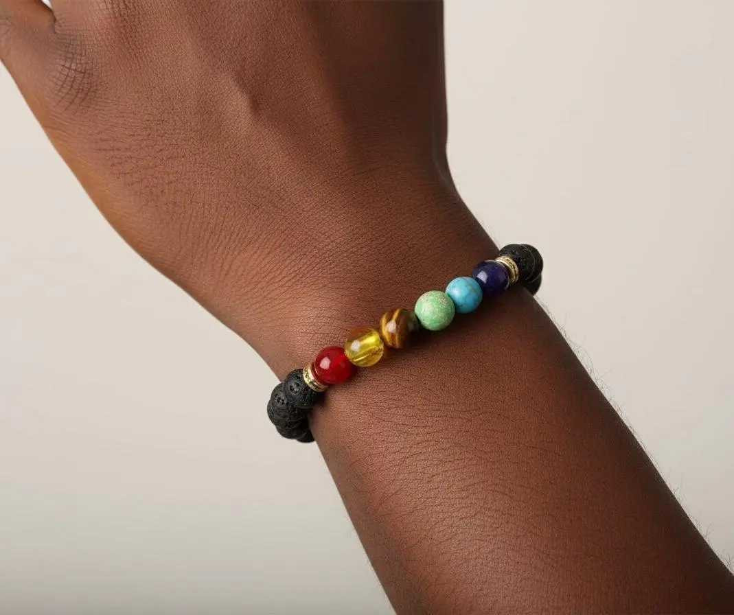 Unisex 7 Chakra Lava Rock Bracelet, Diffuser Bracelet for Essential Oils, Healing Crystal Beaded Wristband, Grounding Jewelry, Yoga Gift