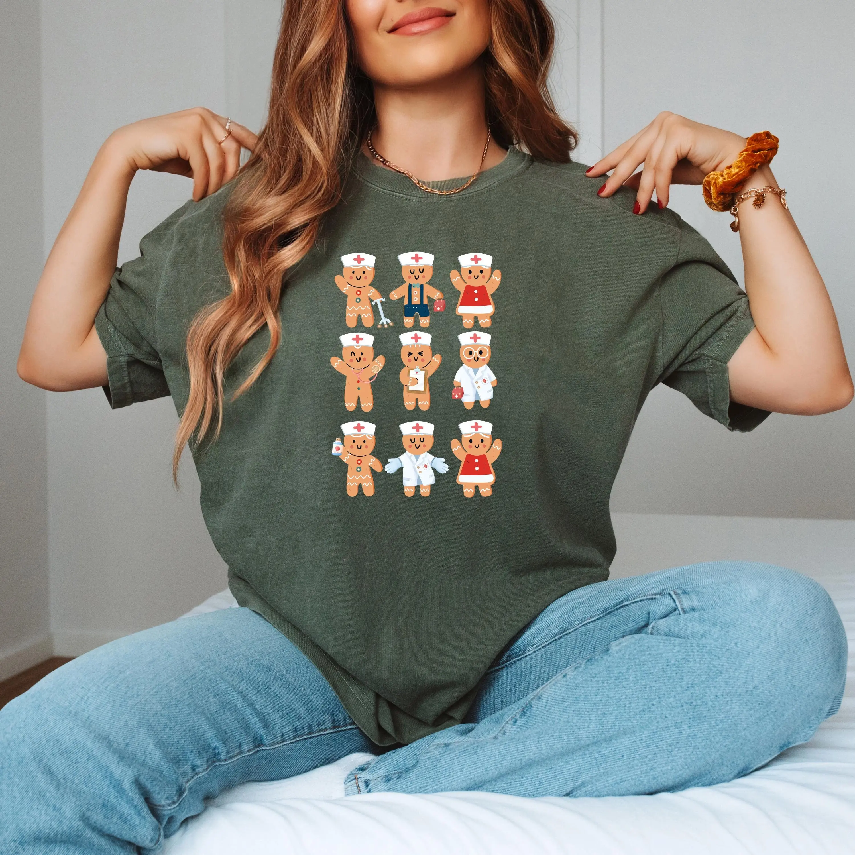 Comfort colors Christmas Nurse Graphic T-shirt Retro Gingerbread Pediatric CF Christmas Orthopedic