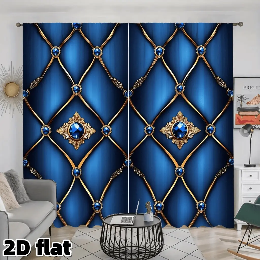 2D Flat 2Pcs Luxury Royal Blue Curtains with Golden Diamond Pattern, Sapphire Jewel Design, Rod Pocket Top, Semi Sunshade Polyester Material, Perfect for Living Room Bedroom Kitchen Study Window Treatment, Elegant Home Decor, Privacy Protection