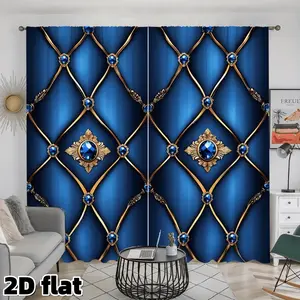 2D Flat 2Pcs Luxury Royal Blue Curtains with Golden Diamond Pattern, Sapphire Jewel Design, Rod Pocket Top, Semi Sunshade Polyester Material, Perfect for Living Room Bedroom Kitchen Study Window Treatment, Elegant Home Decor, Privacy Protection