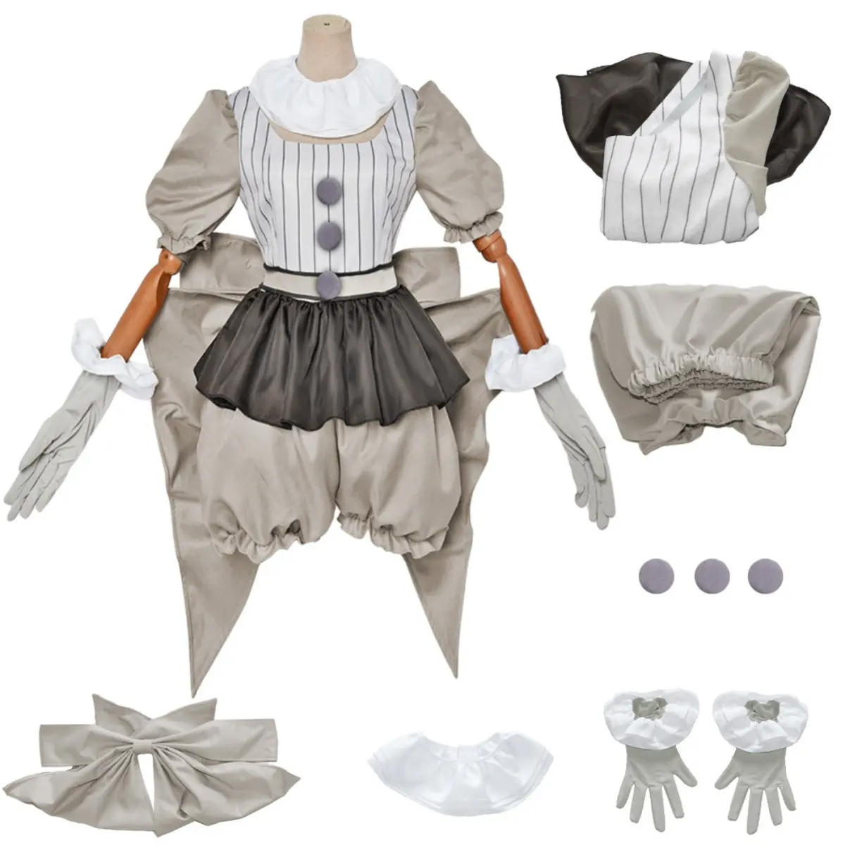 Pennywise Gray Clown Costume Set with Top Pants Gloves Fake Collar and Back Bow for Women Horror Cosplay