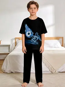 Black background electric light football boy pajama set, digitally printed short-sleeve top with extended pajama pants, flame-retardant fabric. Fashionable, trendy, casual, comfortable and soft pajama set, suitable for sleeping and home leisure. Made of 1