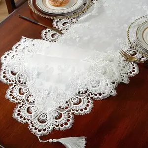 1pc Table Runner 100% Polyester, Elegant Two-Tone Embroidered Edge, Kitchen Dining Table Decor, Home Party Wedding Decoration