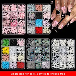 Colorful bow nail decoration set, 3D pearl and gem combination, gold and silver nail bows, flower butterfly 3D mixed nail decorations and gems, nail pearls, for nail art DIY