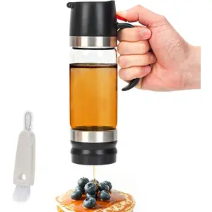 12 Oz No Drip Glass Honey Dispenser Jar with Silicone Base, Maple Syrup Dispenser with Handle for Pancake Coffee or Tea Black
