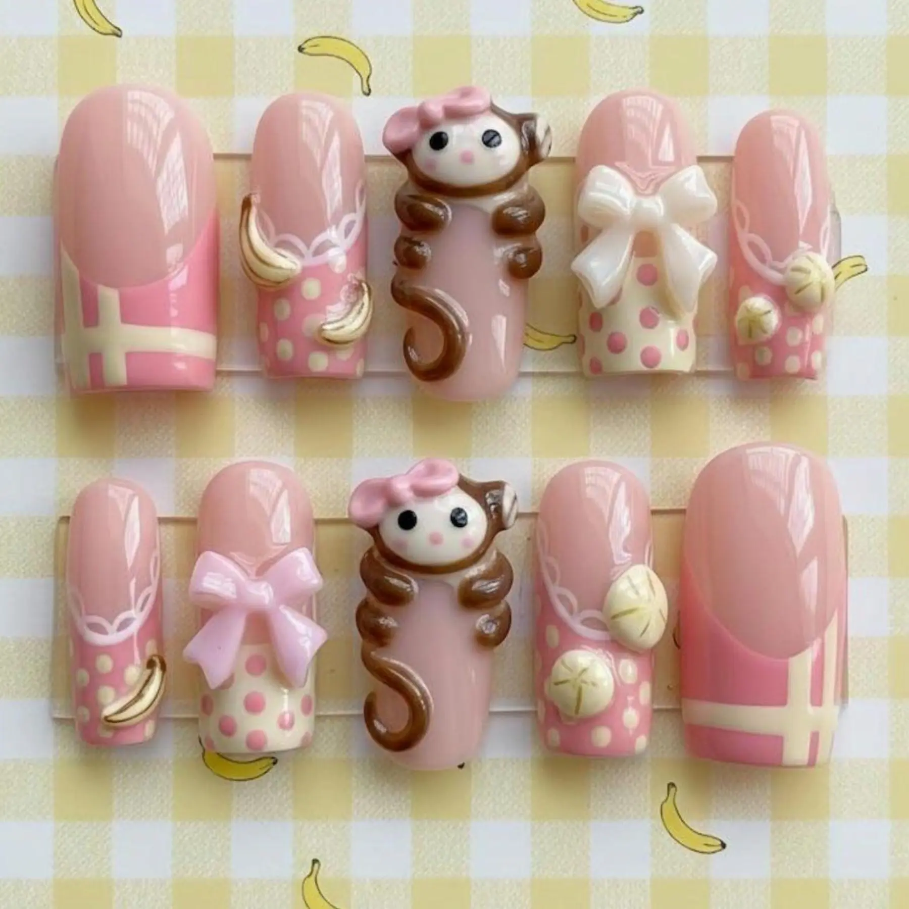 Handmade Pink Monkey Press On Nails, 3D Monkey Character, Banana & Bow Design, Polka Dot Kawaii Nail Art, Cute Reusable Gel Fake Nails for Everyday Style