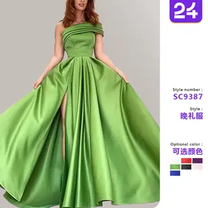 Foreign trade one shoulder satin dress evening dress birthday party tutu skirt green high slit sexy dress