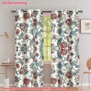 2D Flat 2Pcs Floral Pattern Curtains, Vintage Botanical Print, Grommet Top Window Drapes, Semi-Shade, for Living Room, Bedroom, Dining, Home Decor, Home Textile, Accessory, Anti Privacy.