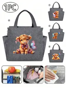 Insulated Lunch Bag, Large Capacity Dual Pocket, Highland Cow Pattern with Butterfly Print, Portable Travel Picnic Bag, Cute Bento Bag