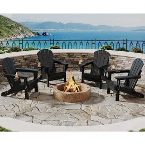 Folding Adirondack Chair Set of 4, All-Weather HDPE Outdoor Chair, Wooden Textured with Cup Holder for patios, Decks, Gardens, fire pits, Black