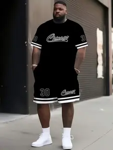 Men's Plus Size 3D Chicago Print Casual Sports Set, Comfortable Fashion Short Sleeve Shorts, with Letters, Polyester Blend, Streetwear Tracksuit Set