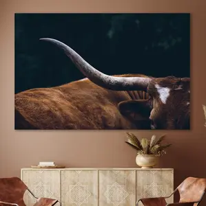 Brown Longhorn Texas Longhorn Cow Canvas Wall Art - Framed Animal Print Home Decor Wall Art - Farmhouse and Wild West Decor SHJY-00390 Ornaments Artistic Decoration Paintings Waterproof Poster