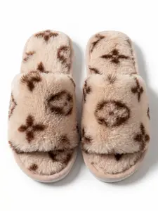 Women's Plush Slippers for Fall Winter, Print Pattern Non-Slip Thong Indoor Home Warm Soft Sole Cotton Slippers